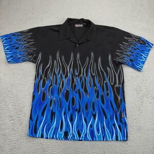 Vintage Sapphire Lounge Shirt Mens XL Black‎ Blue Flame Button Front Bowling 90s